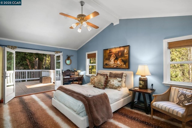 bedroom featuring ceiling fan, lofted ceiling with beams, multiple windows, and access to outside