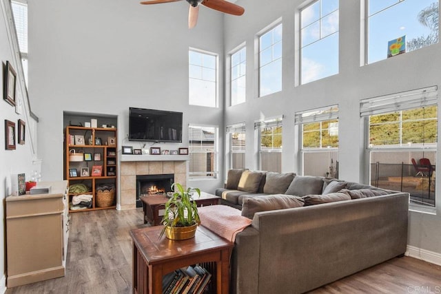 living room featuring a tiled fireplace, ceiling fan, and light wood-type flooring