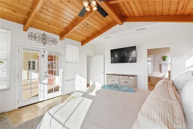 bedroom featuring access to outside, lofted ceiling with beams, french doors, and wooden ceiling