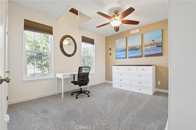 office featuring ceiling fan and light colored carpet