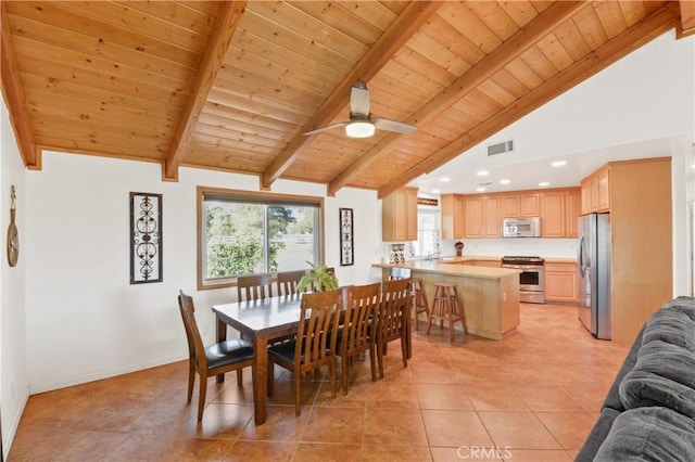 dining area featuring vaulted ceiling with beams, ceiling fan, wood ceiling, and light tile patterned floors