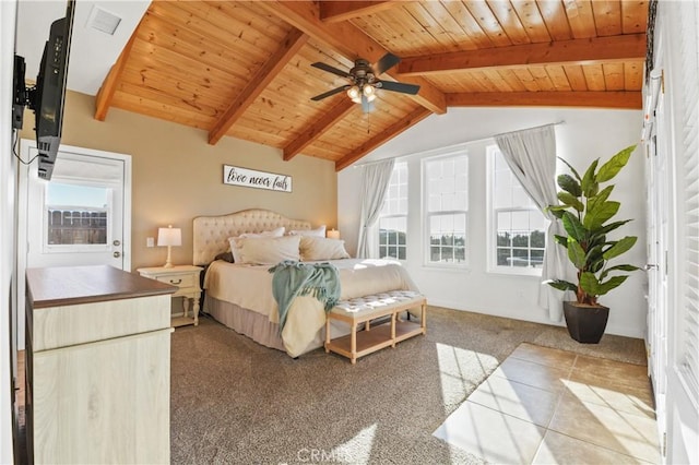 carpeted bedroom featuring lofted ceiling with beams, ceiling fan, and wood ceiling