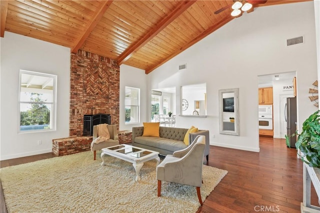 living room featuring wood ceiling, beam ceiling, high vaulted ceiling, a fireplace, and dark hardwood / wood-style flooring