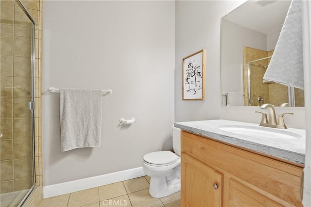 bathroom featuring vanity, tile patterned floors, toilet, and walk in shower