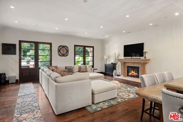 living room featuring french doors, a fireplace, and dark hardwood / wood-style floors