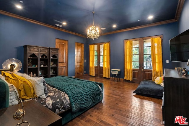 bedroom featuring ornamental molding, dark wood-type flooring, and french doors