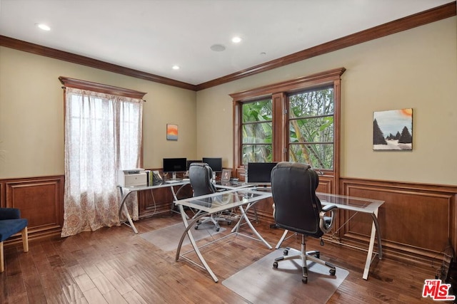 office area featuring hardwood / wood-style flooring and ornamental molding