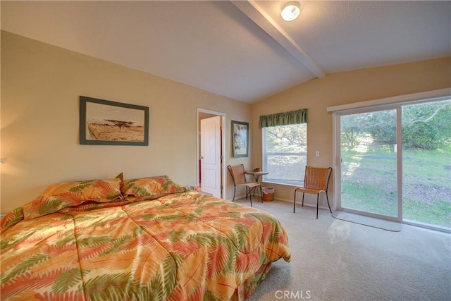 carpeted bedroom with access to exterior and lofted ceiling with beams