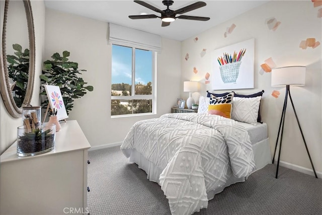 bedroom featuring ceiling fan and carpet