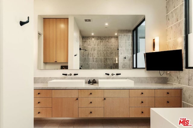 bathroom with vanity and a shower