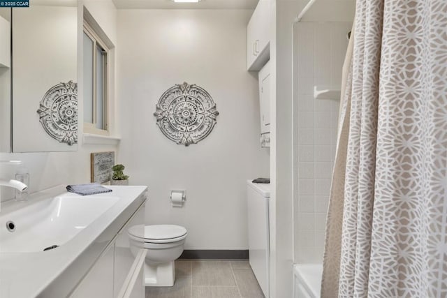 full bathroom with vanity, tile patterned floors, shower / bath combination with curtain, and toilet