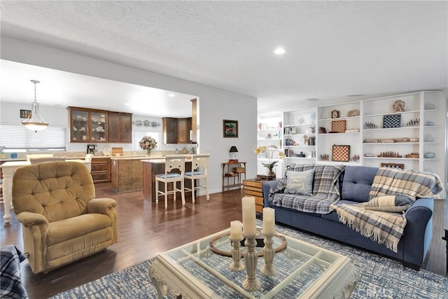 living room featuring dark hardwood / wood-style floors and a textured ceiling