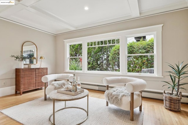 living area with a baseboard radiator, beam ceiling, and light hardwood / wood-style flooring