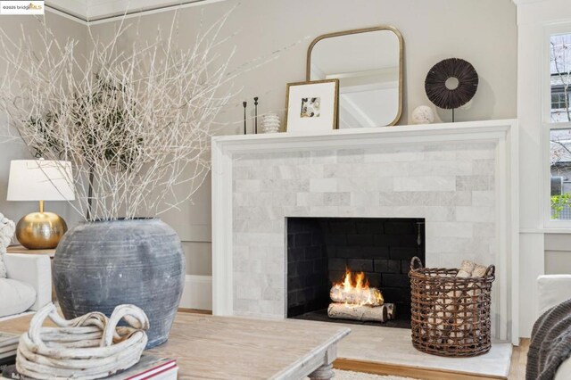 interior details with a tiled fireplace