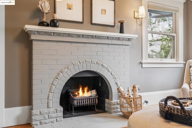 interior details featuring a fireplace