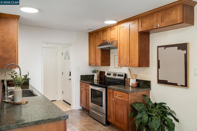 kitchen with sink, tile patterned floors, and stainless steel electric range oven