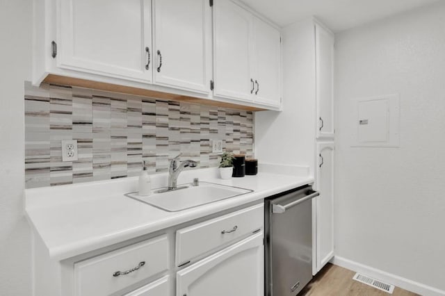 kitchen featuring sink, white cabinetry, electric panel, tasteful backsplash, and stainless steel dishwasher