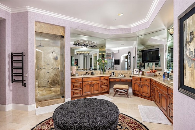 6 Inspiration, Laguna Niguel, CA 92677 - bathroom featuring a shower stall, crown molding, vanity, and tile patterned flooring