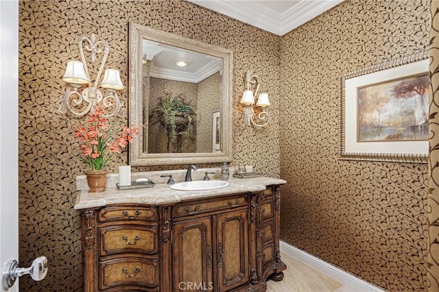 6 Inspiration, Laguna Niguel, CA 92677 - bathroom with crown molding, vanity, and wallpapered walls