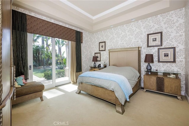 6 Inspiration, Laguna Niguel, CA 92677 - carpeted bedroom with access to outside, crown molding, wallpapered walls, and a tray ceiling