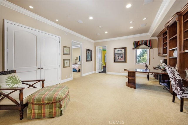 6 Inspiration, Laguna Niguel, CA 92677 - office area featuring light carpet, ornamental molding, baseboards, and recessed lighting
