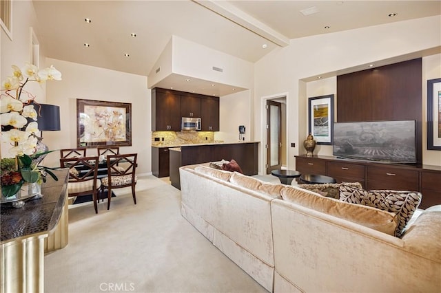 6 Inspiration, Laguna Niguel, CA 92677 - living area with light colored carpet, beam ceiling, and high vaulted ceiling