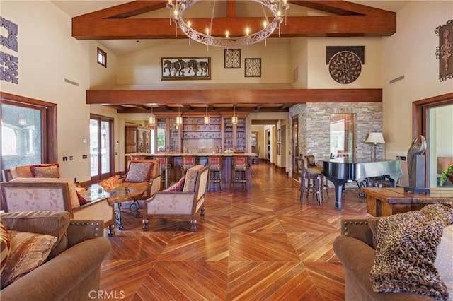 6 Inspiration, Laguna Niguel, CA 92677 - living area featuring beamed ceiling, high vaulted ceiling, and a chandelier