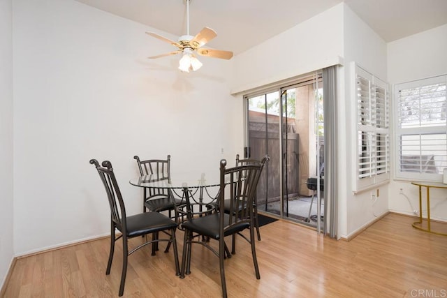 dining area featuring ceiling fan and light hardwood / wood-style flooring