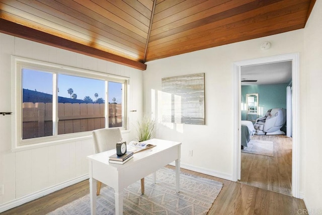 office area featuring hardwood / wood-style flooring, vaulted ceiling, and wooden ceiling