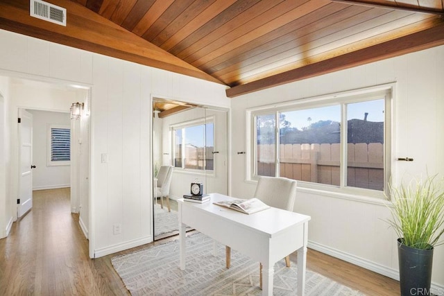 office space with lofted ceiling, wooden ceiling, and light hardwood / wood-style flooring