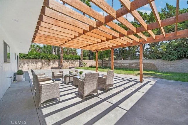 view of patio / terrace featuring a pergola and outdoor lounge area