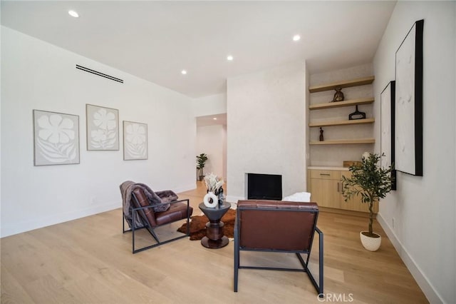 living room featuring a fireplace and light hardwood / wood-style flooring