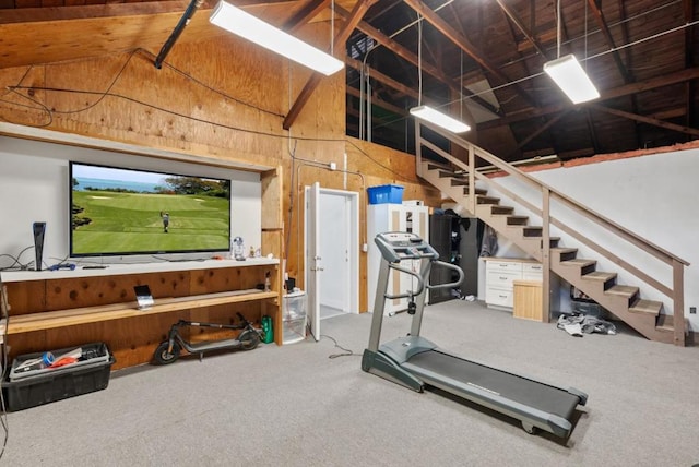 workout area with carpet flooring and high vaulted ceiling