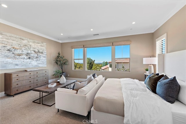 carpeted bedroom with ornamental molding