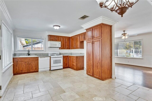 kitchen featuring crown molding, sink, ceiling fan with notable chandelier, and white appliances