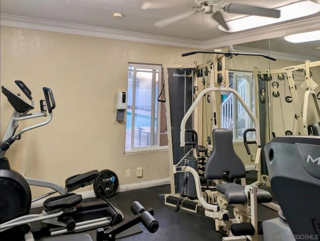 workout area featuring ornamental molding and ceiling fan