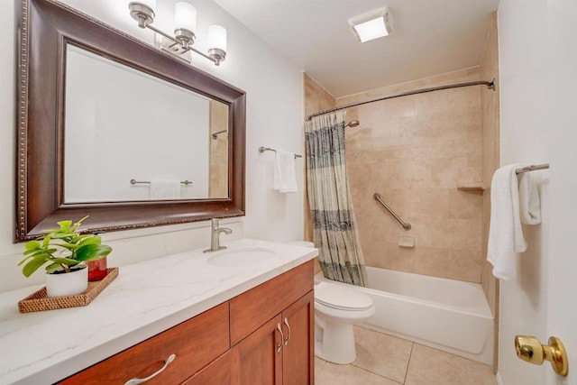 full bathroom featuring tile patterned flooring, vanity, shower / bathtub combination with curtain, and toilet