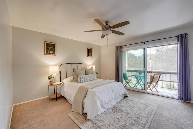 carpeted bedroom featuring ceiling fan and access to exterior