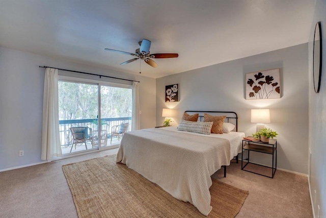 carpeted bedroom with access to exterior and ceiling fan