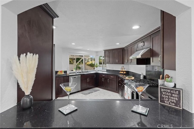 kitchen with stainless steel dishwasher, range, sink, and dark brown cabinets