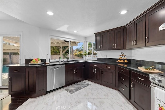 kitchen with dark brown cabinetry, sink, and stainless steel appliances