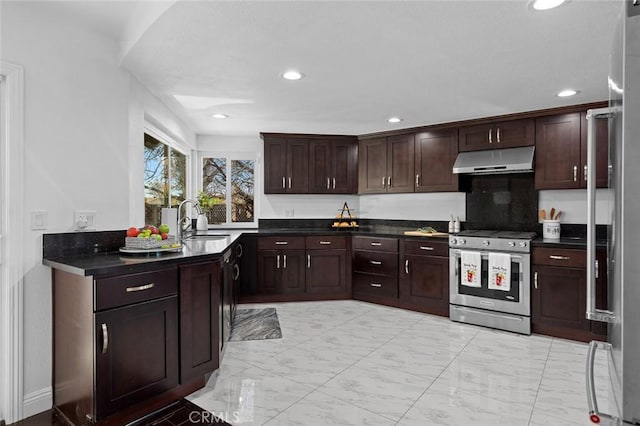 kitchen with appliances with stainless steel finishes, sink, and dark brown cabinets