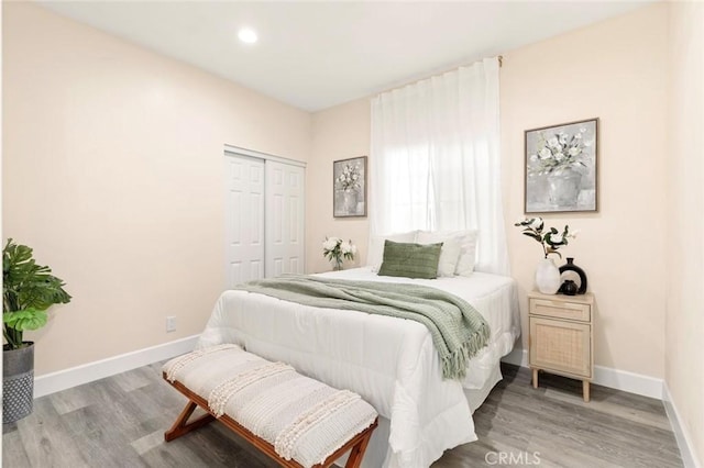 bedroom with wood-type flooring and a closet