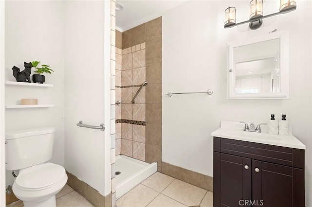 bathroom with tile patterned flooring, vanity, tiled shower, and toilet