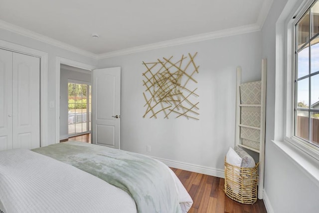 bedroom with ornamental molding, dark hardwood / wood-style flooring, and a closet