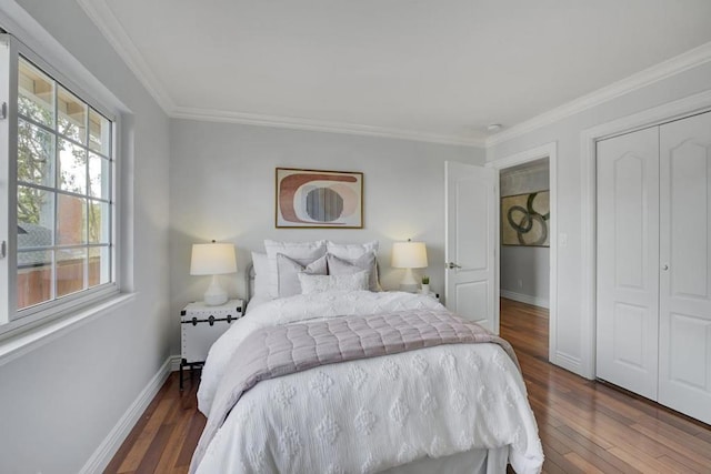 bedroom featuring dark wood-type flooring, ornamental molding, and a closet