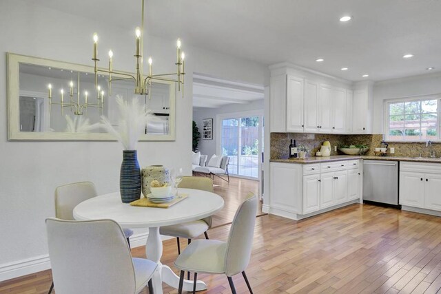 kitchen with white cabinetry, stainless steel dishwasher, sink, and hanging light fixtures