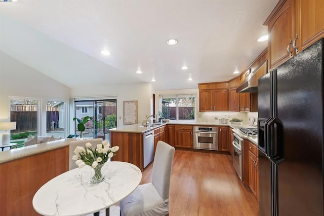 kitchen featuring lofted ceiling, sink, light hardwood / wood-style flooring, kitchen peninsula, and stainless steel appliances