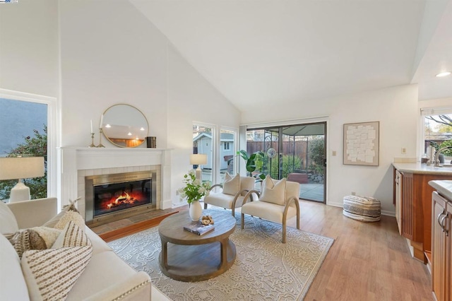 living room with high vaulted ceiling, a fireplace, and light hardwood / wood-style floors