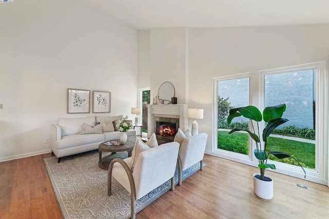 living room featuring high vaulted ceiling and light hardwood / wood-style floors